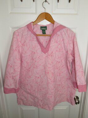 L.L. Bean Hooded Tunic Popover Top Floral AOP Piped Nylon Blend Size XL-REG